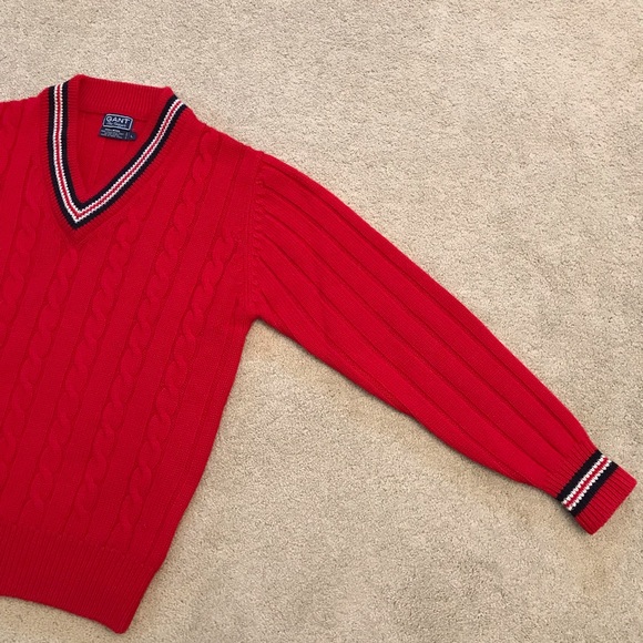 Vintage Gant The Rugger Wool Sweater Mens Large Red Cable Knit V Neck Jumper - Picture 5 of 6
